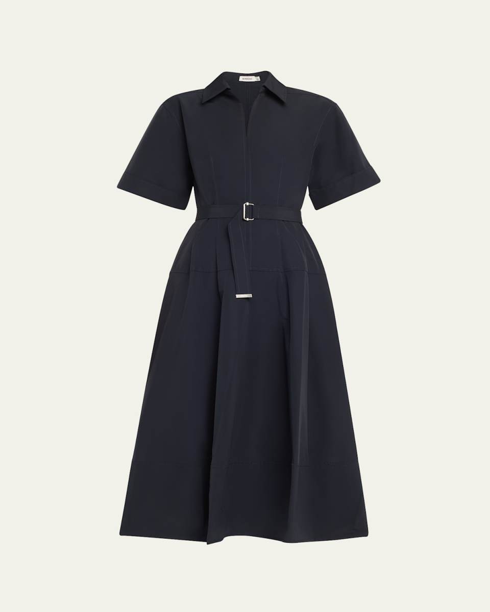 Deanna Belted Poplin Short-Sleeve Midi Shirtdress